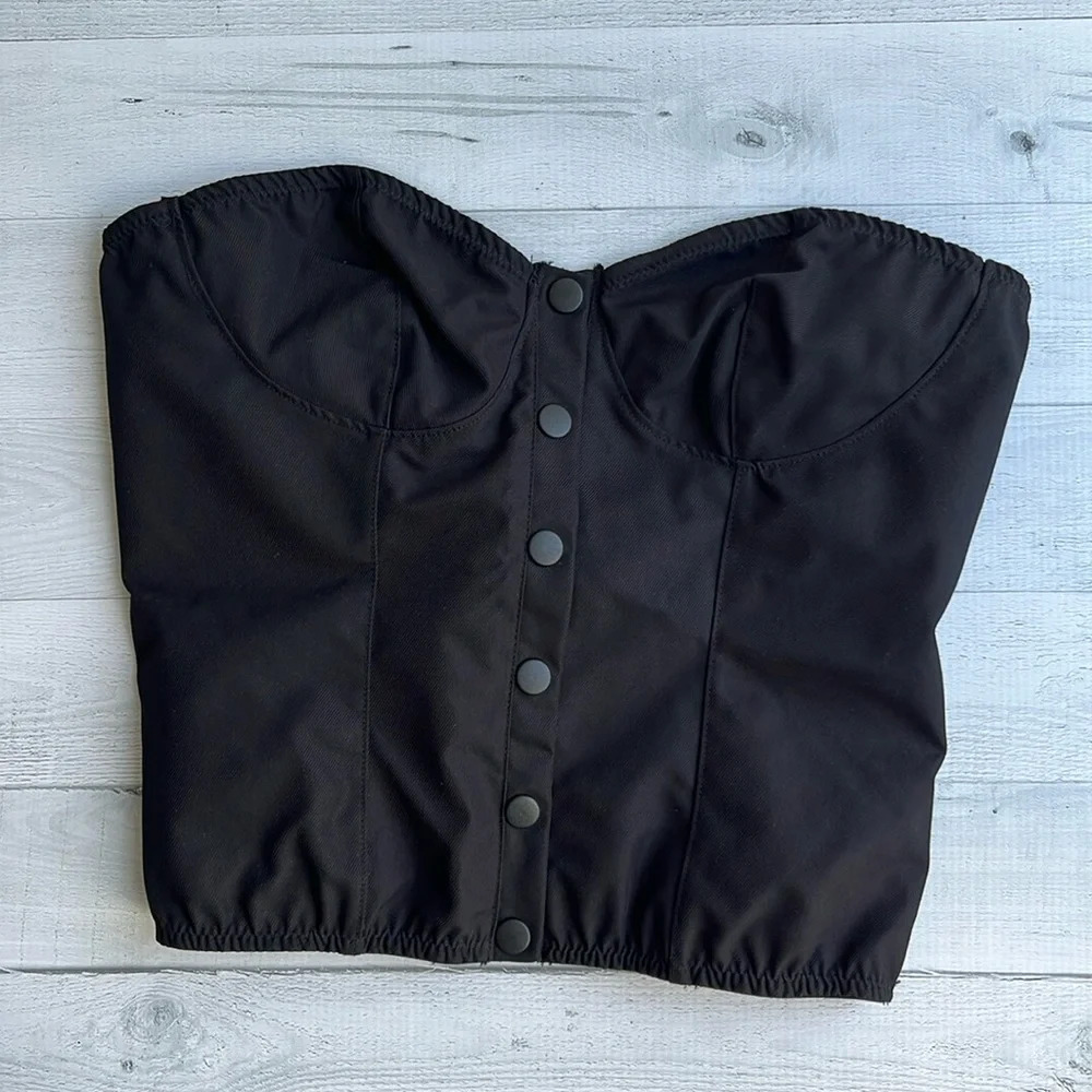 Shein Black Denim Look Button Down Strapless Top M